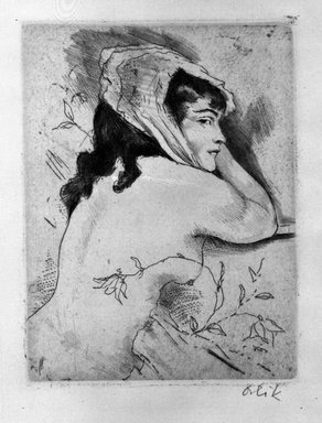Emil Orlik (Austrian, 1870-1932). <em>Small Nude with Flowers</em>. Etching and roulette on laid paper, 3 1/2 x 2 1/2 in. (8.9 x 6.4 cm). Brooklyn Museum, Gift of The Louis E. Stern Foundation, Inc., 64.101.290 (Photo: Brooklyn Museum, 64.101.290_bw.jpg)