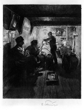 Ferdinand Schmutzer (Austrian, 1870–1928). <em>Barber Shop</em>, 1909. Etching on wove paper, 11 7/8 x 9 1/16 in. (30.2 x 23 cm). Brooklyn Museum, Gift of The Louis E. Stern Foundation, Inc., 64.101.304 (Photo: Brooklyn Museum, 64.101.304_bw.jpg)