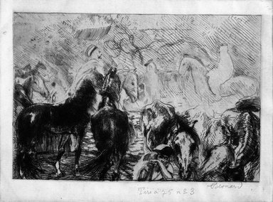 Albert Besnard (French, 1849-1934). <em>Market with Horses at House Landing, Algeria (Marché aux Chevaux a Maison-Carrère, Algérie)</em>, 1895. Etching on laid paper, 6 7/8 x 9 1/8 in. (17.5 x 23.2 cm). Brooklyn Museum, Gift of The Louis E. Stern Foundation, Inc., 64.101.53 (Photo: Brooklyn Museum, 64.101.53_bw.jpg)