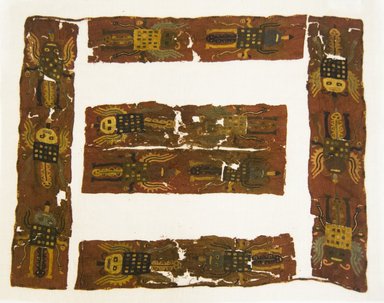 Paracas Necropolis. <em>Poncho</em>, 200-600 C.E. Cotton?, camelid fiber, 21 5/8 x 17 5/16in. (55 x 44cm). Brooklyn Museum, Gift of Adelaide Goan, 64.114.17a-c (Photo: Brooklyn Museum, 64.114.17a-c_front_PS5.jpg)