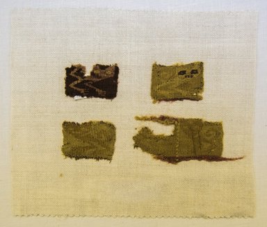 Chancay. <em>4 Textile Fragments, undetermined</em>, 1000–1532. Cotton, camelid fiber, a: 1 3/16 x 1 9/16 in. (3 x 4 cm). Brooklyn Museum, Gift of Adelaide Goan, 64.114.48a-d (Photo: Brooklyn Museum, 64.114.48a-d_front_PS5.jpg)