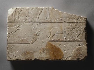  <em>Relief with Desert Scene</em>, ca. 2472–2455 B.C.E. Limestone, pigment, 11 7/16 x 17 1/16 x 1 3/16 in. (29 x 43.3 x 3 cm). Brooklyn Museum, Charles Edwin Wilbour Fund, 64.147. Creative Commons-BY (Photo: Brooklyn Museum, 64.147_SL1.jpg)