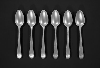 Hester Bateman (English, active in London, 1774-1789). <em>Teaspoon, One from a Set of Six</em>, ca. 1790. Silver, length: 5 1/8 in. (13 cm). Brooklyn Museum, Gift of Mr. and Mrs. Frederick B. Hicks, 64.152.19a. Creative Commons-BY (Photo: Brooklyn Museum, 64.152.19a-f_acetate_bw.jpg)