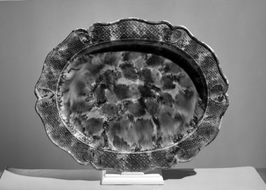 Attributed to Thomas Whieldon (1719-1795). <em>Oval Platter</em>, ca. 1750. Tortoise-shell ware Brooklyn Museum, Gift of the Estate of Emily Winthrop Miles, 64.195.21. Creative Commons-BY (Photo: Brooklyn Museum, 64.195.21_acetate_bw.jpg)