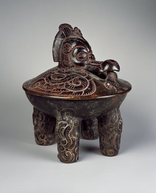 Maya. <em>Tetrapod Bowl with Lid</em>, 350-450. Ceramic, pigment, Overall with Lid: 13 x 11 1/4 x 11 1/4 in. (33 x 28.6 x 28.6 cm). Brooklyn Museum, Ella C. Woodward Memorial Fund, 64.217a-b. Creative Commons-BY (Photo: Brooklyn Museum, 64.217a-b_SL3.jpg)