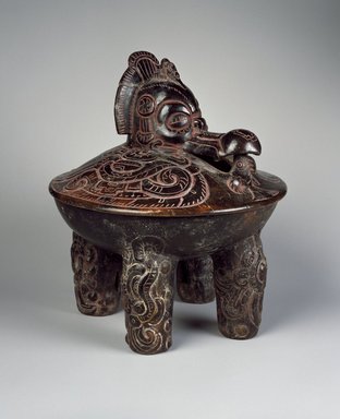 Maya. <em>Tetrapod Bowl with Lid</em>, 350–450. Ceramic, pigment, Overall with Lid: 13 x 11 1/4 x 11 1/4 in. (33 x 28.6 x 28.6 cm). Brooklyn Museum, Ella C. Woodward Memorial Fund, 64.217a-b. Creative Commons-BY (Photo: Brooklyn Museum, 64.217a-b_SL3.jpg)