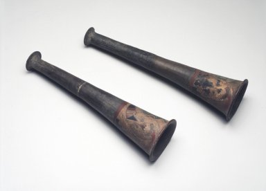 Paracas. <em>Pair of Trumpets</em>, 100 B.C.E. - 1 C.E. Clay, colored resin enamels, a: 11 7/16 x 3 1/8 x 3 1/8 in. (29.1 x 7.9 x 7.9 cm). Brooklyn Museum, A. Augustus Healy Fund, 64.218a-b. Creative Commons-BY (Photo: Brooklyn Museum, 64.218a-b.jpg)