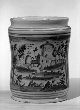  <em>Drug Pot, One of a Set</em>, ca. 17th or 18th century. Tin-glazed earthenware, 10 x 7 3/4 in. (25.4 x 19.7 cm). Brooklyn Museum, Anonymous gift, 64.241.63. Creative Commons-BY (Photo: Brooklyn Museum, 64.241.63_acetate_bw.jpg)