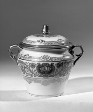 Sevres Porcelain Factory. <em>Sugar Bowl with Cover</em>, ca. 1846. Porcelain, 4 5/8 x 3 3/4 in. (11.7 x 9.5 cm). Brooklyn Museum, Anonymous gift, 64.241.88a-b. Creative Commons-BY (Photo: Brooklyn Museum, 64.241.88_acetate_bw.jpg)