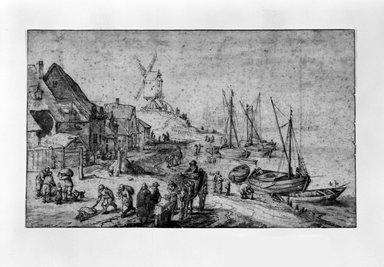 Attributed to Jan Brueghel. <em>Harbor Scene with Windmill</em>. Brown ink, black ink and wash on paper, 6 3/4 x 11 1/8 in. (17.1 x 28.3 cm). Brooklyn Museum, Gift of Isabel Shults, 64.266 (Photo: Brooklyn Museum, 64.266_bw.jpg)