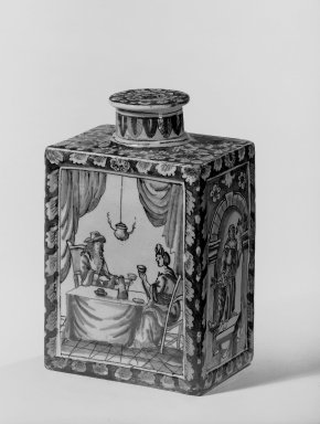 Unknown. <em>Tea Caddy</em>, ca. 1698. Tin-glazed earthenware (delftware), 6 5/8 x 4 1/2 x 3 in. (16.8 x 11.4 x 7.6 cm). Brooklyn Museum, Purchased with funds given by anonymous donors, 64.3.4a-b. Creative Commons-BY (Photo: Brooklyn Museum, 64.3.4_bw.jpg)