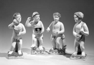 J. Kruyk. <em>Delft Figures</em>, ca. 1690. Glazed ceramic, 9 3/4 x 3 1/2 in. (24.8 x 8.9 cm). Brooklyn Museum, Purchased with funds given by anonymous donors, 64.46.2a-d. Creative Commons-BY (Photo: Brooklyn Museum, 64.46.2a-d_acetate_bw.jpg)