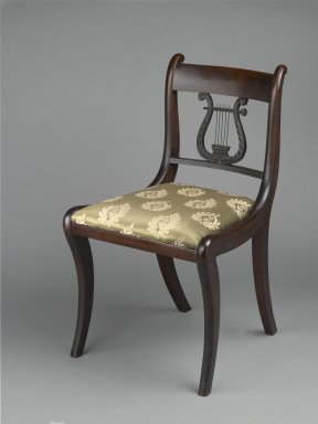 Ernest F. Hagen Furniture and Antiques. <em>Side Chair</em>, ca. 1926. Mahogany, metal, modern damask upholstery, 31 1/4 x 18 x 19 1/2 in. (79.4 x 45.7 x 49.5 cm). Brooklyn Museum, Bequest of H. Randolph Lever, 64.80.22. Creative Commons-BY (Photo: Brooklyn Museum, 64.80.22_PS2.jpg)