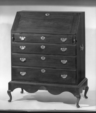 American. <em>Queen Anne Desk</em>, ca. 1750. Mahogany, 45 1/2 x 35 1/2 in. (115.6 x 90.2 cm). Brooklyn Museum, Dick S. Ramsay Fund, 64.87a-b. Creative Commons-BY (Photo: Brooklyn Museum, 64.87a_closed_acetate_bw.jpg)