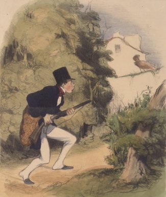 Honoré Daumier (Marseille, France, 1808–1879, Valmondois, France). <em>Oh!...Un faisan!...</em>, October 1, 1843. Hand-colored lithograph on wove paper, Sheet: 14 1/16 x 9 3/4 in. (35.7 x 24.8 cm). Brooklyn Museum, Gift of the Estate of Emily Winthrop Miles, 64.98.303 (Photo: Brooklyn Museum, 64.98.303.jpg)
