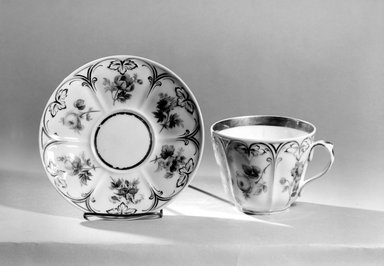 Charles Cartlidge & Co. (1848–1856). <em>Cup and Saucer</em>, ca. 1850. Porcelain, Cup (a): 3 1/2 x 5 3/8 x 4 1/2 in. (8.9 x 13.7 x 11.4 cm). Brooklyn Museum, Gift of Mrs. Henry W. Patten, 65.201.1a-b. Creative Commons-BY (Photo: Brooklyn Museum, 65.201.1a-b_acetate_bw.jpg)