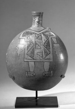 Wari. <em>Face-Neck Jar</em>, 600–1100. Ceramic, slip, pigment, 9 x 6 1/4 x 4 1/8 in. (22.9 x 15.9 x 10.5 cm). Brooklyn Museum, Ella C. Woodward Memorial Fund

, 65.205. Creative Commons-BY (Photo: Brooklyn Museum, 65.205_acetate_bw.jpg)