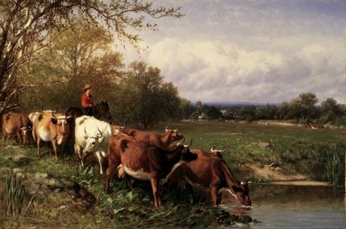James McDougal Hart (American, born Scotland, 1828–1901). <em>Cattle and Landscape</em>, 1867. Oil on canvas, 19 13/16 x 29 13/16 in. (50.4 x 75.7 cm). Brooklyn Museum, Gift of The Brooklyn Union Gas Company, 66.121.2 (Photo: Brooklyn Museum, 66.121.2_transpc003.jpg)