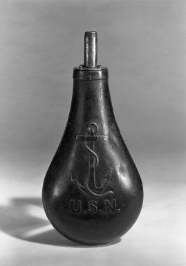 N.P. Ames. <em>Powder Flask</em>, 1843. Stamped brass, 9 1/4 x 4 1/4 in. (23.5 x 10.8 cm). Brooklyn Museum, H. Randolph Lever Fund, 66.186.6. Creative Commons-BY (Photo: Brooklyn Museum, 66.186.6_acetate_bw.jpg)