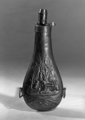 American. <em>Powder Flask</em>, ca. 1860-1865. Stamped brass, 8 3/4 x 5 in. (22.2 x 12.7 cm). Brooklyn Museum, H. Randolph Lever Fund, 66.186.7. Creative Commons-BY (Photo: Brooklyn Museum, 66.186.7_acetate_bw.jpg)