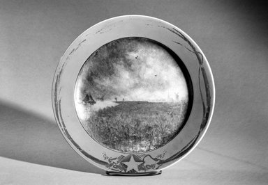 John Edwards. <em>Plate</em>, ca. 1876. Painted porcelain, 1 x 9 3/4 x 9 3/4 in. (2.5 x 24.8 x 24.8 cm). Brooklyn Museum, Gift of Queens Borough Public Library, 66.27.2. Creative Commons-BY (Photo: Brooklyn Museum, 66.27.2_acetate_bw.jpg)