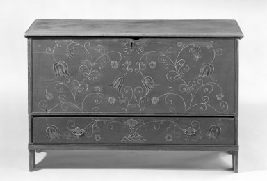 American. <em>Chest</em>, 1710–1725. Decorated pine, 28 1/2 x 18 1/2 x 43 in. (72.4 x 47 x 109.2 cm). Brooklyn Museum, H. Randolph Lever Fund, 66.70. Creative Commons-BY (Photo: Brooklyn Museum, 66.70_acetate_bw.jpg)