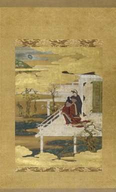 After Iwasa Matabei (17th century). <em>Scene from the Tale of Genji (Hana No En, “Festival of the Cherry Blossoms”)</em>, 17th century. Hanging scroll, ink color and gold leaf on paper, 49 3/16 x 18 1/8 in. (125 x 46 cm). Brooklyn Museum, Purchased with funds given by Mrs. Louis Nathanson and the Frank L. Babbott Fund, 66.76 (Photo: Brooklyn Museum, 66.76_IMLS_SL2.jpg)