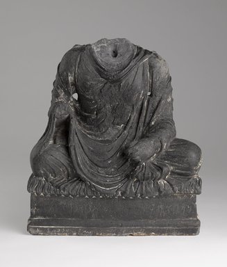  <em>Seated Buddha</em>, 2nd-4th century. Schist, 19 x 12 3/8 in. (48.3 x 31.4 cm) (at base). Brooklyn Museum, Gift of Arthur Wiesenberger, 67.200.3. Creative Commons-BY (Photo: Brooklyn Museum, 67.200.3_front_PS9.jpg)