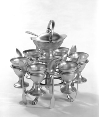  <em>Egg Stand with Egg Cups and Spoons</em>, ca. 1806-1807. Silver, Stand: 8 x 7 3/4 in. (20.3 x 19.7 cm). Brooklyn Museum, Gift of Mr. and Mrs. Edwin Kessler, 67.225.1a-r. Creative Commons-BY (Photo: Brooklyn Museum, 67.225.1a-r_bw.jpg)