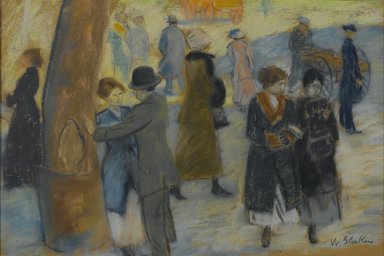 William Glackens (American, 1870-1938). <em>City Scene</em>, ca. 1910. Pastel on rust-colored reverse side of a wallpaper fragment, 12 1/4 x 18 in. (31.1 x 45.7 cm). Brooklyn Museum, Bequest of Laura L. Barnes, 67.24.28 (Photo: Brooklyn Museum, 67.24.28_PS2.jpg)