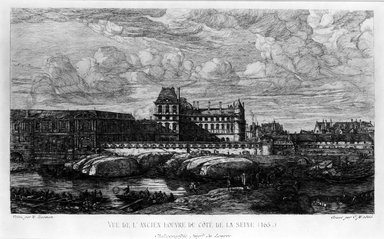 Charles Méryon (French, 1821-1868). <em>Vue de L'Ancien Louvre du Cote de la Seine</em>, 1866. Etching on wove paper, 6 1/2 x 10 1/2 in. (16.5 x 26.7 cm). Brooklyn Museum, Gift of Mrs. Harold J. Baily, 67.27.1 (Photo: Brooklyn Museum, 67.27.1_acetate_bw.jpg)