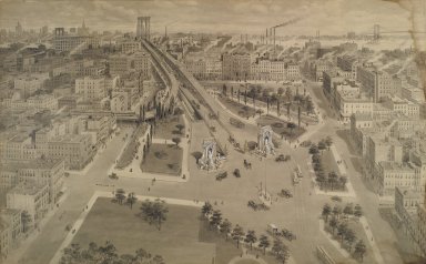 Harry M. Pettit (American, 1867-1941). <em>Brooklyn Plaza of the Manhattan Bridge</em>, ca. 1917. India ink and wash touched with opaque white, Image: 33 1/4 x 53 5/8 in. (84.5 x 136.2 cm). Brooklyn Museum, Gift of the Department of Public Works, Bureau of Bridges, City of New York, 67.55.1 (Photo: Brooklyn Museum, 67.55.1_PS1.jpg)