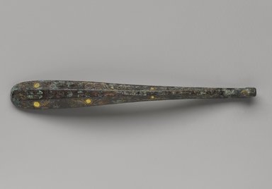  <em>Garment Hook</em>, 475–221 B.C.E. Bronze, inlaid with gold and turquoise, 7 1/4 in. (18.4 cm). Brooklyn Museum, Gift of Mr. and Mrs. Paul E. Manheim, 68.185.11. Creative Commons-BY (Photo: Brooklyn Museum, 68.185.11_top_PS4.jpg)