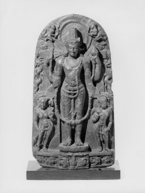  <em>Standing Vishnu</em>, ca. 10th century. Chlorite, 31 3/4 x 16 1/2 in. (80.6 x 41.9 cm). Brooklyn Museum, Gift of Mr. and Mrs. Paul E. Manheim, 68.185.25. Creative Commons-BY (Photo: Brooklyn Museum, 68.185.25_bw_Design_scan.jpg)