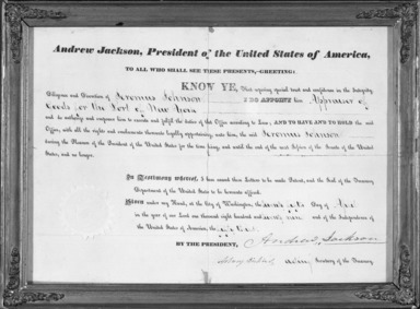 Unknown. <em>Certificate Naming Geromus Johnson Appraiser of Goods for the Port of New York</em>. Paper Brooklyn Museum, Dick S. Ramsay Fund, 68.213.3 (Photo: Brooklyn Museum, 68.213.3_framed_bw.jpg)