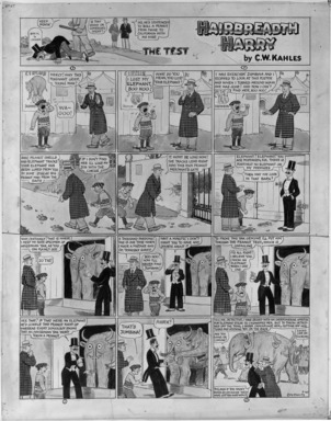 Charles W. Kahles (American, 1878–1931). <em>Hairbreath Harry - The Test</em>, 1930. Ink and watercolor on paper, Sheet: 28 5/8 x 22 9/16 in. (72.7 x 57.3 cm). Brooklyn Museum, Gift of Mrs. C. Herbert Straut, 68.61.4. © artist or artist's estate (Photo: Brooklyn Museum, 68.61.4_bw_IMLS.jpg)