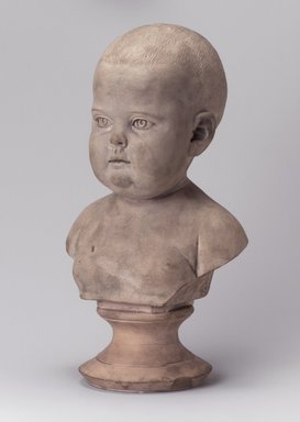 Karl L. H. Müller (American, born Germany, 1820–1887). <em>Bust of a Baby on Pedestal</em>, late 19th century. Unglazed terracotta, 12 x 7 1/4 x 5 1/2 in. (30.5 x 18.4 x 14 cm). Brooklyn Museum, Gift of Franklin Chace, 68.87.58. Creative Commons-BY (Photo: Brooklyn Museum, 68.87.58.jpg)