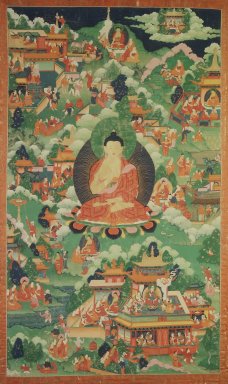  <em>Shakyamuni Buddha Surrounded with Scenes of his Life</em>, 18th century. Colors on cloth with gold leaf detail, frame: 47 3/8 x 30 1/2 in. (120.3 x 77.5 cm). Brooklyn Museum, Gift of Mr. and Mrs. Arthur Wiesenberger
, 69.164.17 (Photo: Image courtesy of the Shelley and Donald Rubin Foundation, George Roos,er, 69.164.17.jpg)