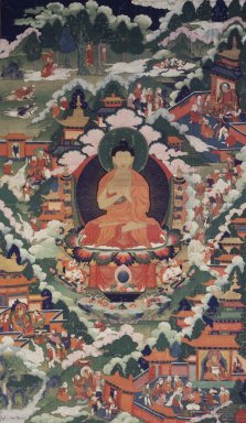 <em>Shakyamuni Buddha Surrounded with Scenes of his Life</em>, 18th century. Hanging scroll, painting on canvas, 39 1/2 x 23 1/4 in. (100.4 x 59 cm). Brooklyn Museum, Gift of Mr. and Mrs. Arthur Wiesenberger, 69.164.3 (Photo: Image courtesy of the Shelley and Donald Rubin Foundation, George Roos,er, 69.164.3.jpg)