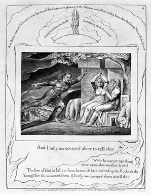 William Blake (British, 1757-1827). <em>And Only I Am Escaped Alone to Tell Thee..., from Illustrations of the Book of Job</em>, 1825. Engraving, 8 5/16 x 6 7/16 in. (21.1 x 16.3 cm). Brooklyn Museum, Bequest of Mary Hayward Weir, 69.4.1e (Photo: Brooklyn Museum, 69.4.1e_bw.jpg)