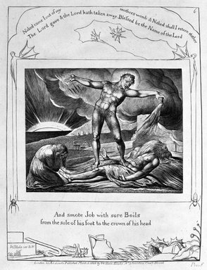 William Blake (British, 1757-1827). <em>And Smote Job with Sore Boils from the Sole of his Feet to the Crown of his Head, from Illustrations of the Book of Job</em>, 1825. Engraving, 8 5/16 x 6 7/16 in. (21.1 x 16.3 cm). Brooklyn Museum, Bequest of Mary Hayward Weir, 69.4.1g (Photo: Brooklyn Museum, 69.4.1g_bw.jpg)