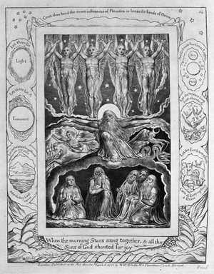 William Blake (British, 1757-1827). <em>When the Morning Stars Sang Together, & the Sons of God Shouted for Joy, from Illustrations of the Book of Job</em>, 1825. Engraving on wove paper, image: 7 1/4 × 6 in. (18.4 × 15.2 cm). Brooklyn Museum, Bequest of Mary Hayward Weir, 69.4.1o (Photo: Brooklyn Museum, 69.4.1o_bw.jpg)