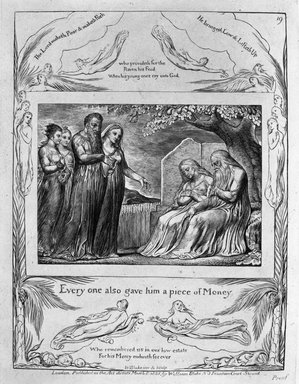 William Blake (British, 1757-1827). <em>Everyone Also Gave Him a Piece of Money, from Illustrations of the Book of Job</em>, 1825. Engraving, 8 5/16 x 6 7/16 in. (21.1 x 16.3 cm). Brooklyn Museum, Bequest of Mary Hayward Weir, 69.4.1t (Photo: Brooklyn Museum, 69.4.1t_bw.jpg)