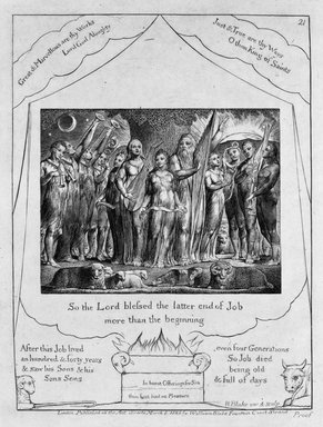 William Blake (British, 1757-1827). <em>So the Lord Blessed the Latter End of Job More than the Beginning, from Illustrations of the Book of Job</em>, 1825. Engraving, 8 5/16 x 6 7/16 in. (21.1 x 16.3 cm). Brooklyn Museum, Bequest of Mary Hayward Weir, 69.4.1v (Photo: Brooklyn Museum, 69.4.1v_bw.jpg)