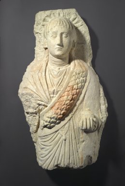 Coptic. <em>Funerary Figure of a Woman</em>, 3rd-4th century C.E. Limestone, gesso, pigment, 34 5/8 × 20 1/16 × 11 13/16 in., 226.5 lb. (88 × 51 × 30 cm, 102.74kg). Brooklyn Museum, Charles Edwin Wilbour Fund, 70.132. Creative Commons-BY (Photo: Brooklyn Museum, 70.132_PS1.jpg)