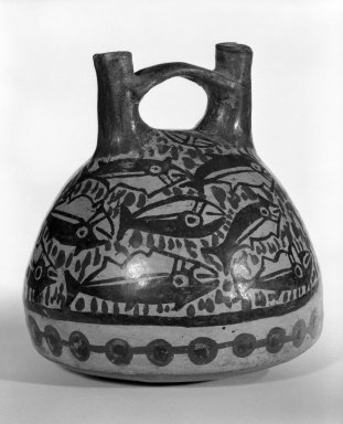 Nazca. <em>Ceramic Stirrup Jar</em>, 150-200 C.E. Ceramic, polychrome slip, 4 5/8 × 4 7/16 × 4 7/16 in. (11.7 × 11.3 × 11.3 cm). Brooklyn Museum, Gift of Ernest Erickson, 70.177.18. Creative Commons-BY (Photo: Brooklyn Museum, 70.177.18_bw.jpg)