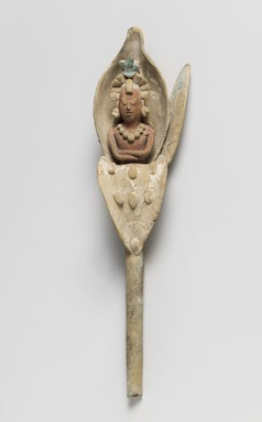 Maya. <em>Maize God Emerging from a Flower</em>, 600-900. Ceramic, pigment, 8 1/4 x 2 1/8 x 1 11/16 in. (21 x 5.4 x 4.3 cm). Brooklyn Museum, Dick S. Ramsay Fund, 70.31. Creative Commons-BY (Photo: Brooklyn Museum, 70.31_overall_PS11.jpg)