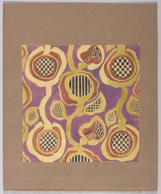 Marguerite Thompson Zorach (American, 1887-1968). <em>(Semi-abstract Floral Design - Yellow on Purple Background)</em>, n.d. Watercolor over graphite on paper mounted to brown paper, Sheet (watercolor): 8 5/8 x 8 9/16 in. (21.9 x 21.7 cm). Brooklyn Museum, Gift of Mr. and Mrs. Tessim Zorach, 70.35.11. © artist or artist's estate (Photo: Brooklyn Museum, 70.35.11_PS9.jpg)