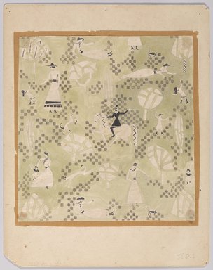 Marguerite Thompson Zorach (American, 1887-1968). <em>(Figures and Animals and Geometric Designs on Pale Green Background)</em>, n.d. Watercolor over graphite on paper mounted to tan paper and then to paperboard, Sheet (watercolor): 9 15/16 x 9 1/2 in. (25.2 x 24.1 cm). Brooklyn Museum, Gift of Mr. and Mrs. Tessim Zorach, 70.35.12. © artist or artist's estate (Photo: Brooklyn Museum, 70.35.12_PS9.jpg)