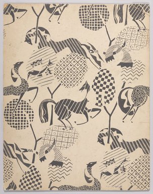 Marguerite Thompson Zorach (American, 1887-1968). <em>(Pattern of Horses, Birds and Geometric Designs - in Black and White)</em>, n.d. India ink over graphite on paperboard, Sheet: 14 1/16 x 11 1/16 in. (35.7 x 28.1 cm). Brooklyn Museum, Gift of Mr. and Mrs. Tessim Zorach, 70.35.7. © artist or artist's estate (Photo: Brooklyn Museum, 70.35.7_PS9.jpg)